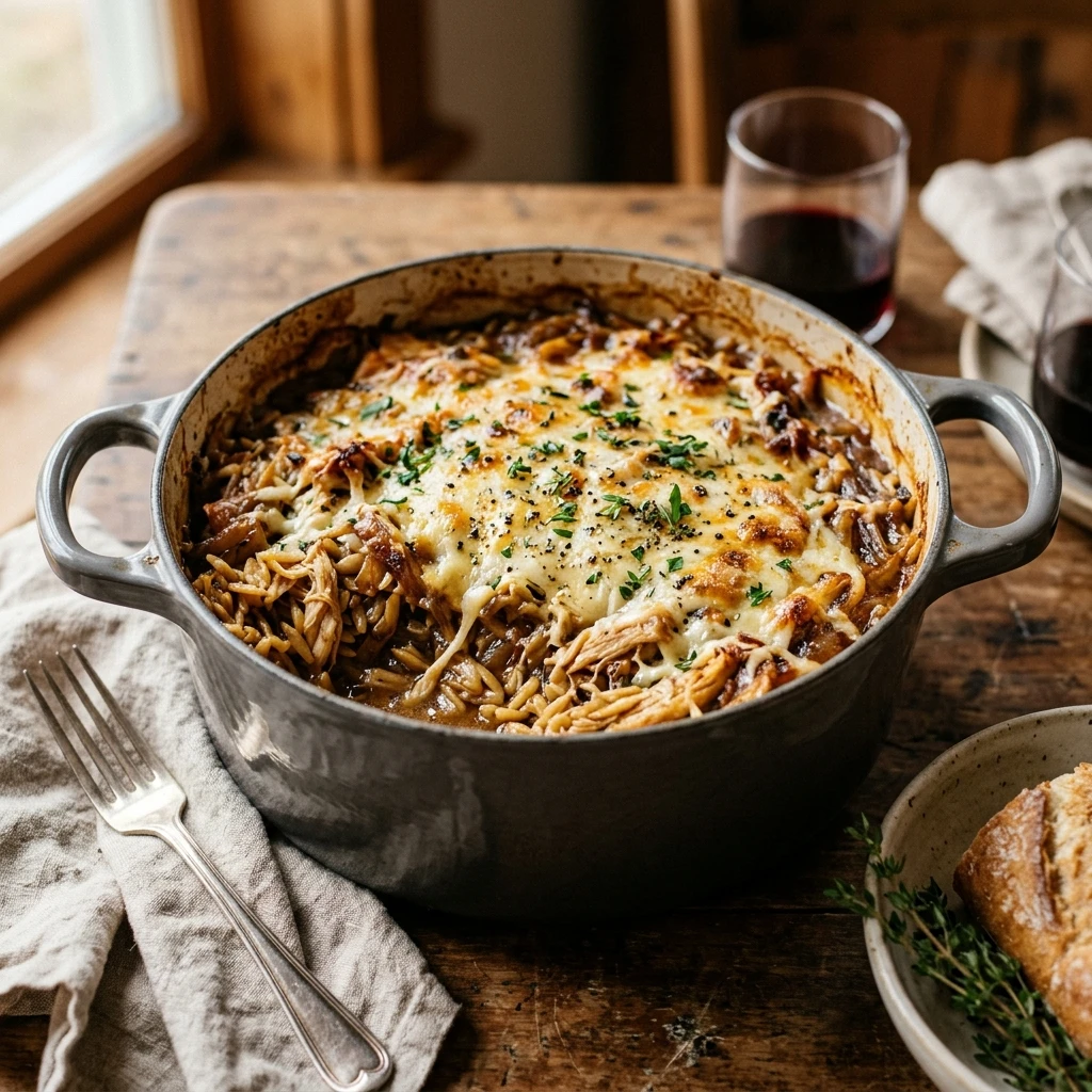 French Onion Chicken Orzo Bake