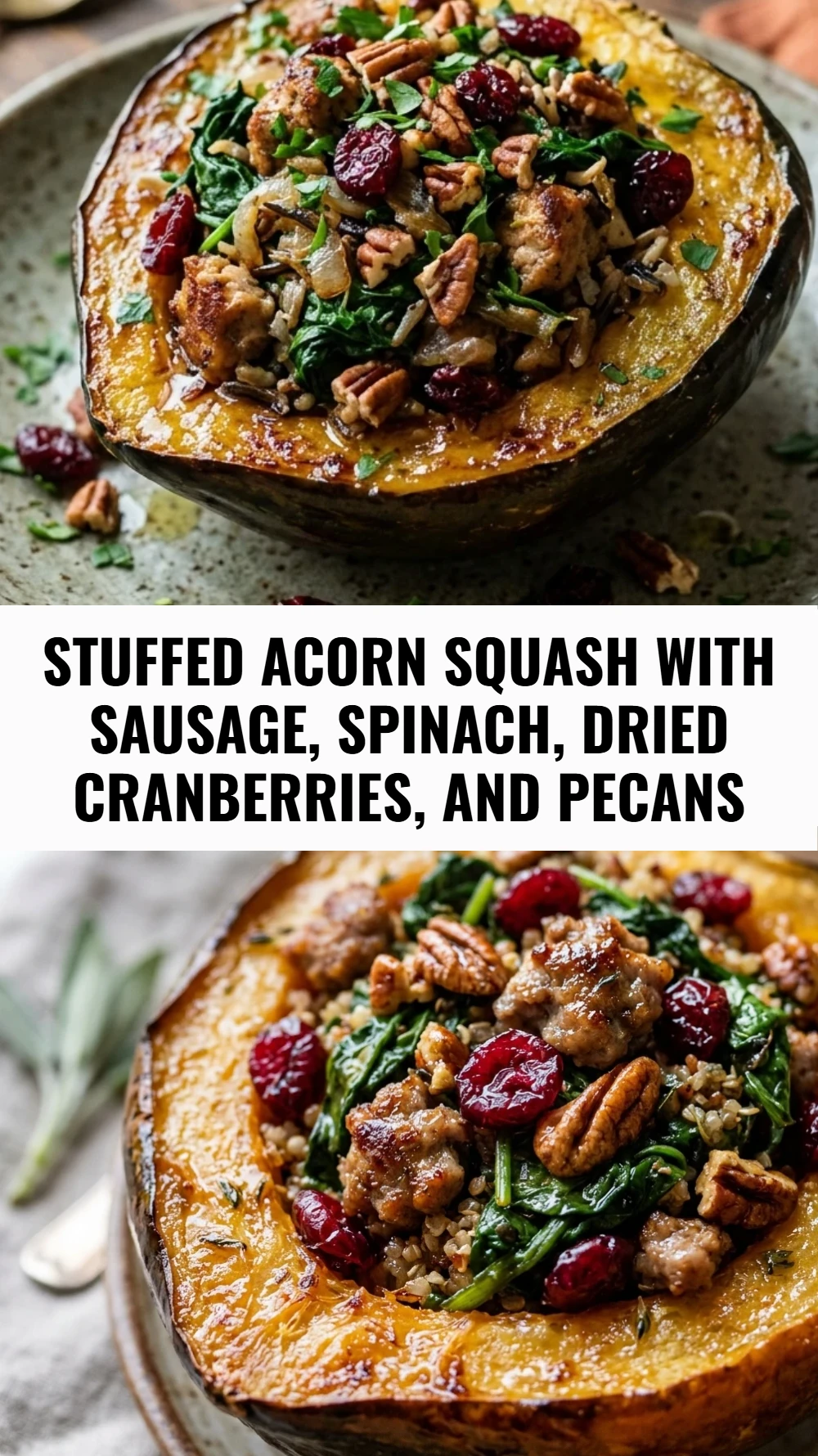 Stuffed Acorn Squash with Sausage, Spinach, Dried Cranberries, and Pecans