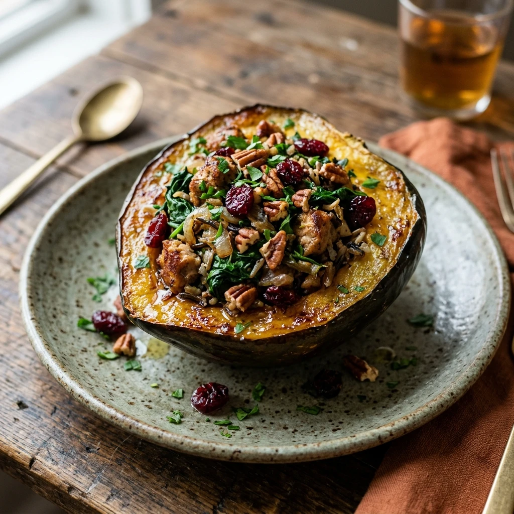 Stuffed Acorn Squash with Sausage, Spinach, Dried Cranberries, and Pecans