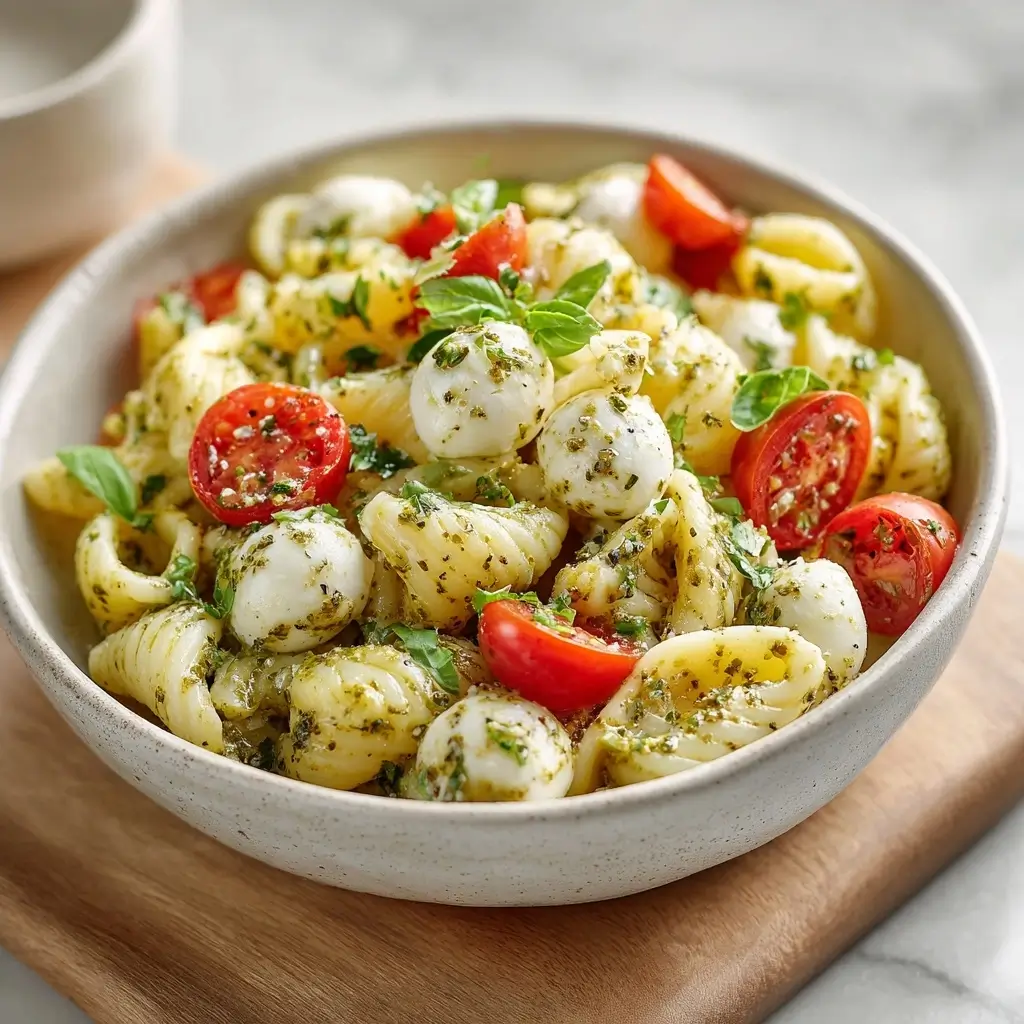 Light And Creamy Pesto Caprese Pasta Salad