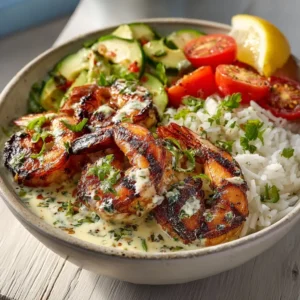 Quick Grilled Shrimp Bowls With Creamy Garlic Sauce
