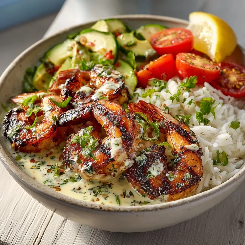 Quick Grilled Shrimp Bowls With Creamy Garlic Sauce