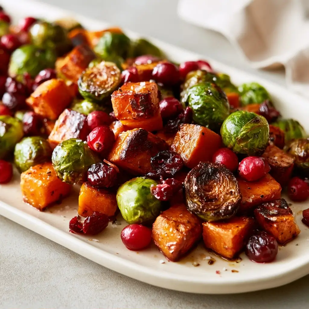 Cranberry Roasted Sweet Potatoes & Brussels Sprouts