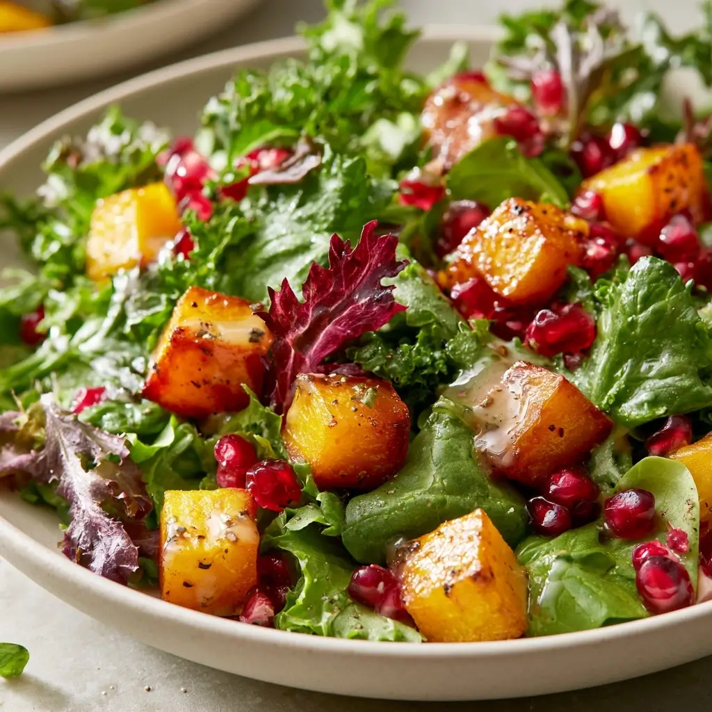 Easy Thanksgiving Salad With Butternut Squash & Pomegranate With Homemade Dressing