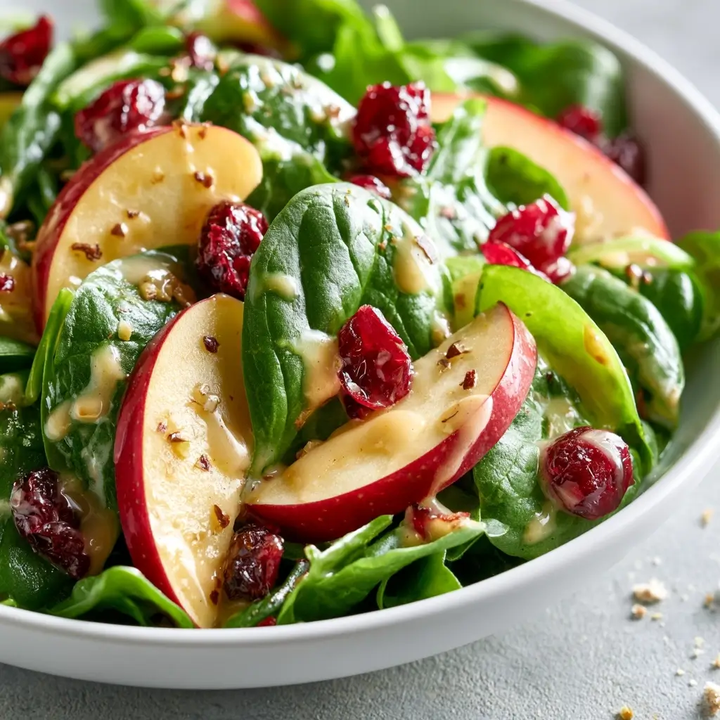 Fall Inspired Apple Cranberry Spinach Salad With Creamy Apple Cider Vinaigrette | Thanksgiving Salad