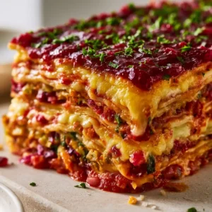 Layered Vegetarian Lasagna With A Festive Cranberry Glaze For Thanksgiving Dinner