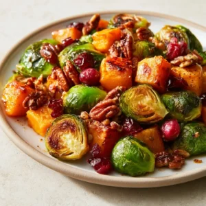 Roasted Butternut Squash And Brussels Sprouts With Pecans And Cranberries Recipe For Thanksgiving