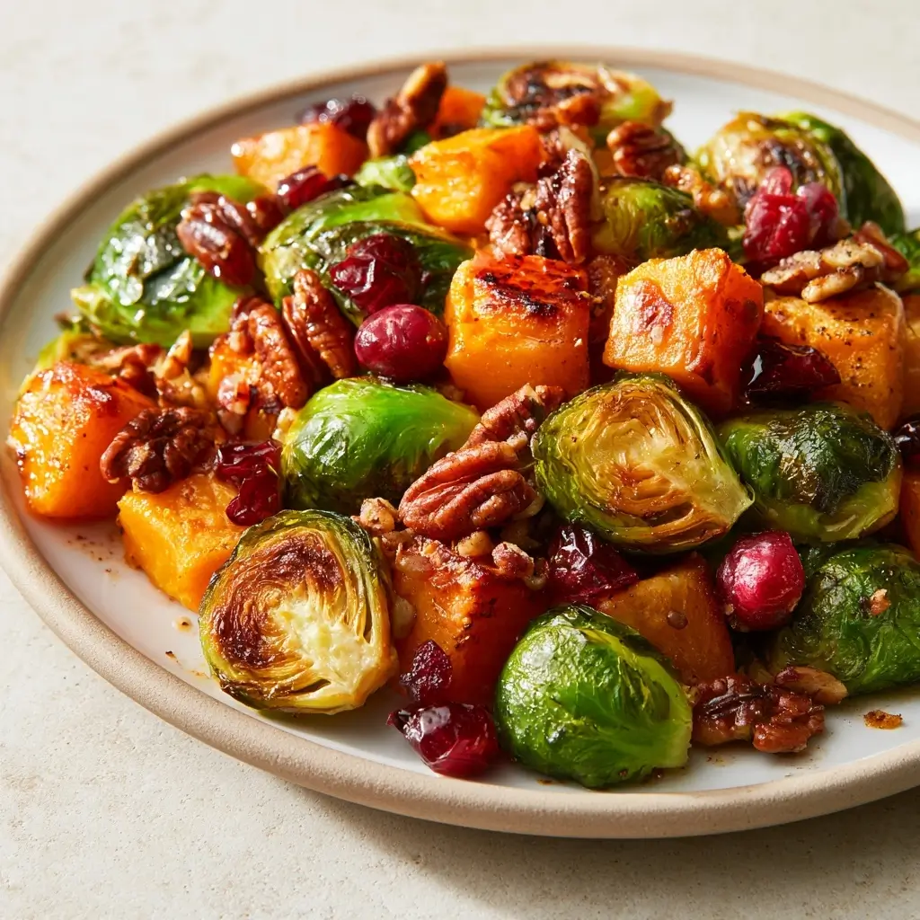 Roasted Butternut Squash And Brussels Sprouts With Pecans And Cranberries Recipe For Thanksgiving
