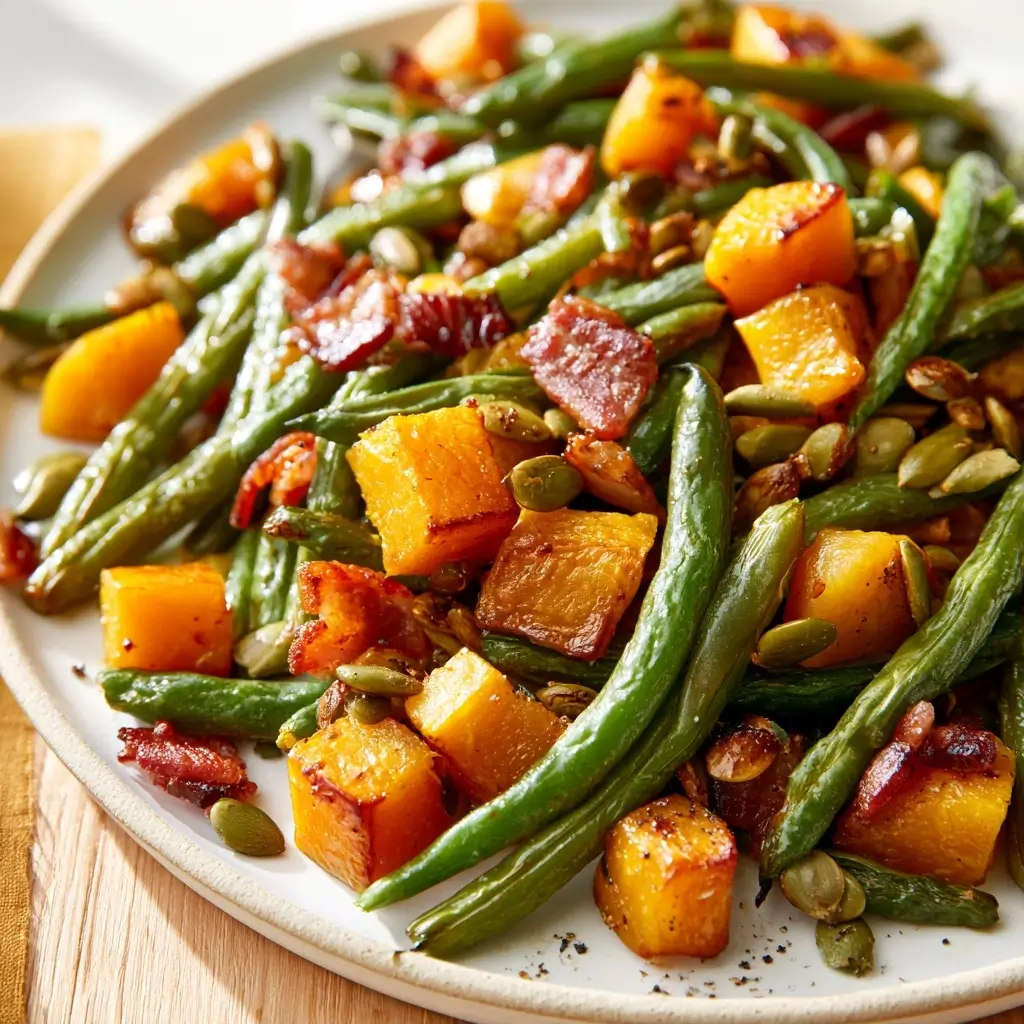 Roasted Green Beans And Butternut Squash With Bacon And Pumpkin Seeds | Thanksgiving Side Dish
