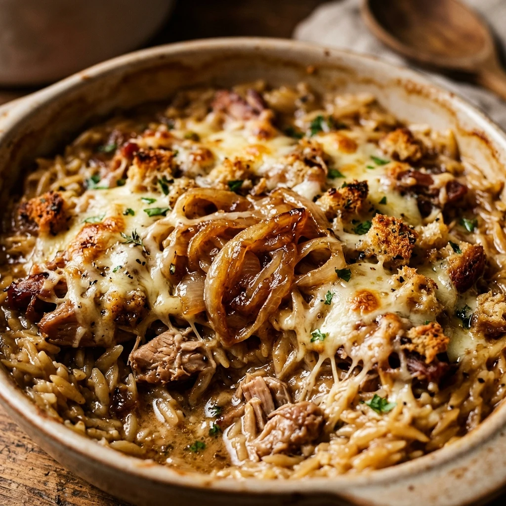French Onion Chicken Orzo Bake