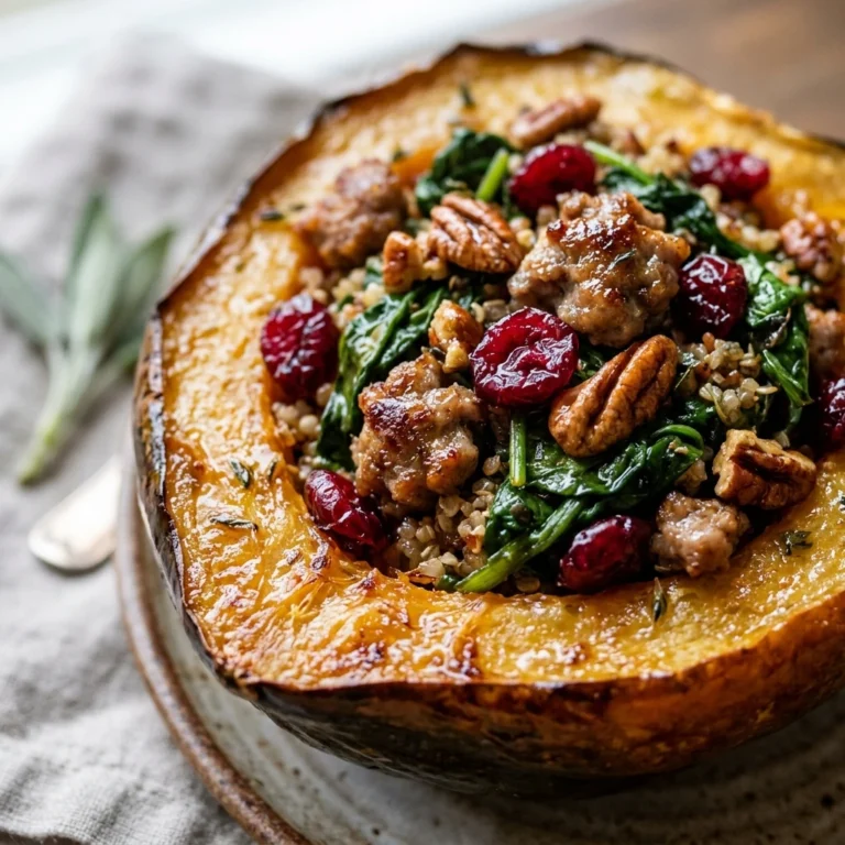 Stuffed Acorn Squash with Sausage, Spinach, Dried Cranberries, and Pecans